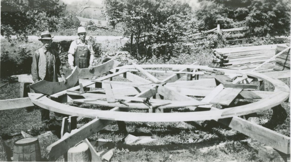 Water wheel construction at Mabry Mill in 1942