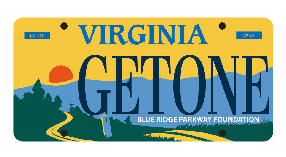 Virginia Blue Ridge Parkway License plate with mountain road scene and sunset