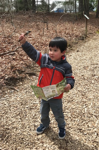 A child explores a TRACK Trail with a lichen brochure.