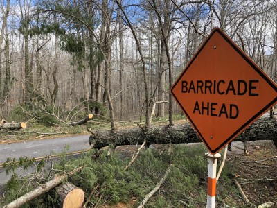 A downed tree blocks one lane of the Blue Ridge Parkway just north of the Folk Art Center in Asheville.