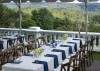 The tables were set with hydrangeas and blue and white vases overlooking the Cone Estate.